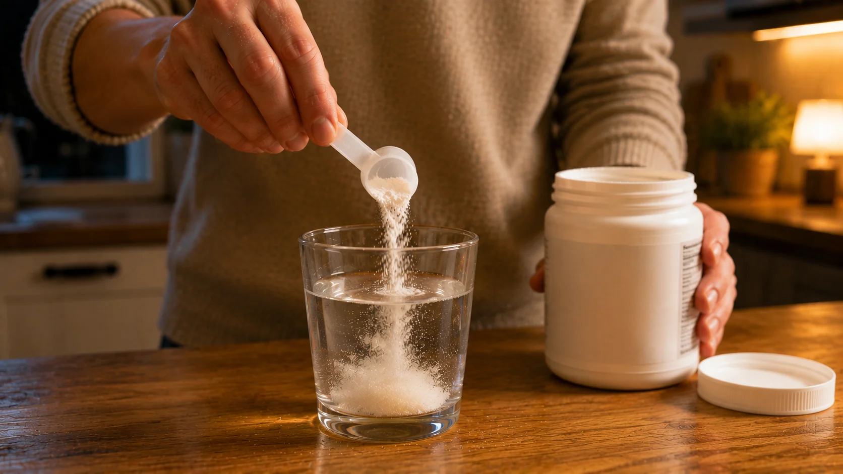 Adult hands pouring magnesium powder from a scoop into a glass of water on a wood kitchen counter, one hand holding the supplement container with its lid resting nearby