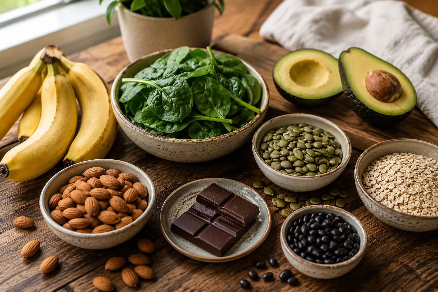Flat-lay of magnesium-rich foods on a warm wood counter: a small bowl of pumpkin seeds, almonds, two squares of dark chocolate, fresh spinach leaves, and a halved avocado