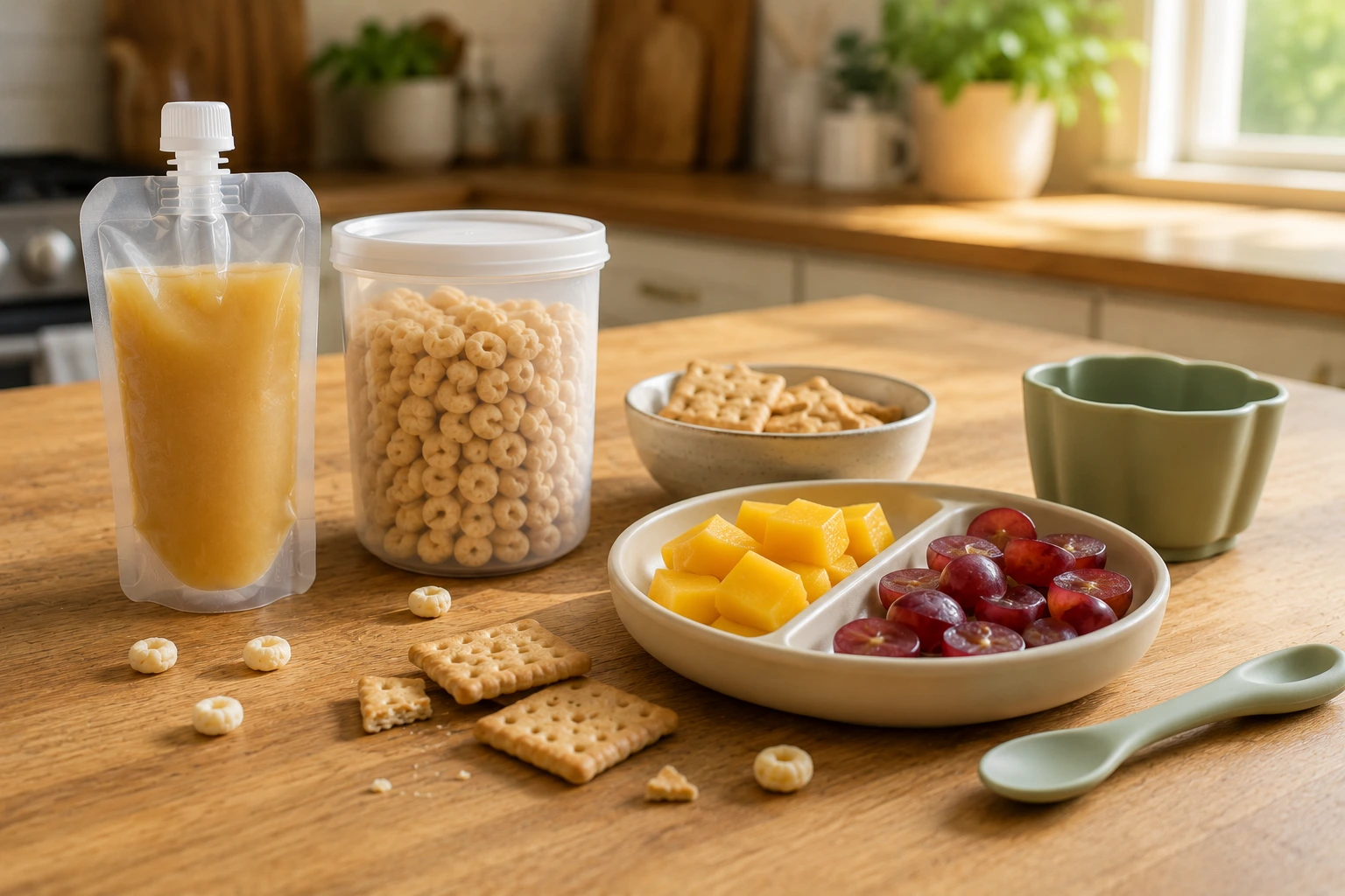 Best organic snacks for toddlers including a fruit puree pouch, organic puffs, whole grain crackers, fresh mango, and grapes on a wooden kitchen counter.