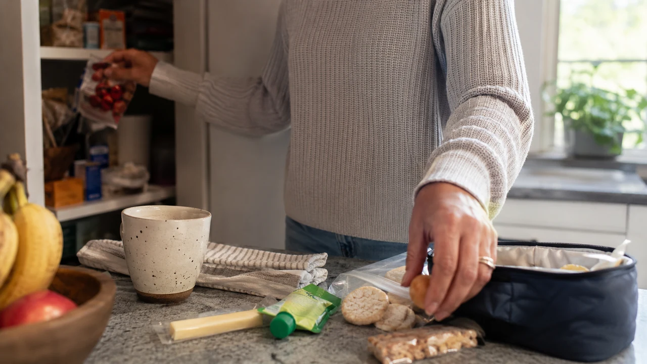 Parent packing a lunchbox with dried strawberries, string cheese, rice cakes, a snack bar, and an applesauce pouch on a kitchen counter.