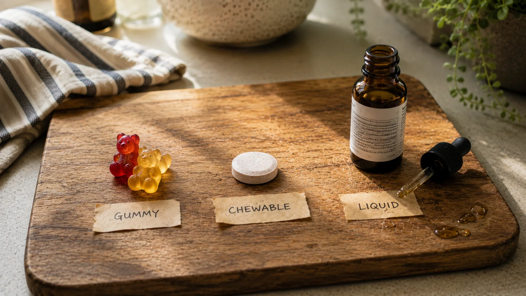 Side-by-side comparison of three kids vitamin forms on a worn wooden cutting board: a gummy bear, a round chewable tablet, and a small liquid dropper — showing the physical differences in form