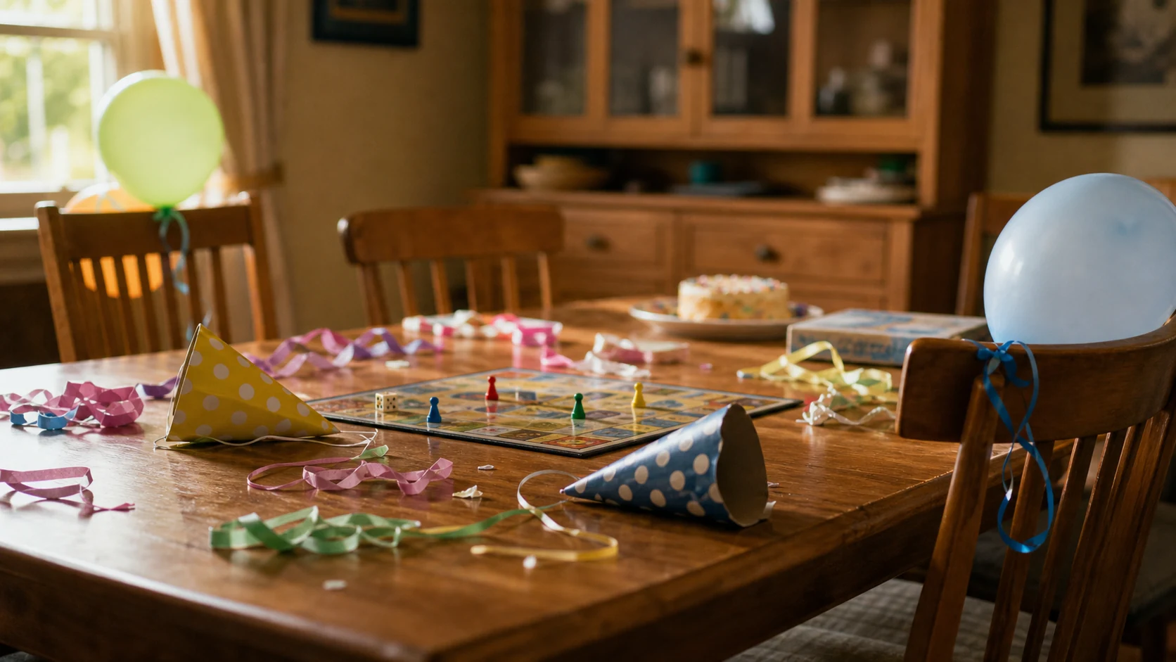 Board game, party hats, balloons, and streamers on a wooden dining table after a birthday party, with a cake in the background