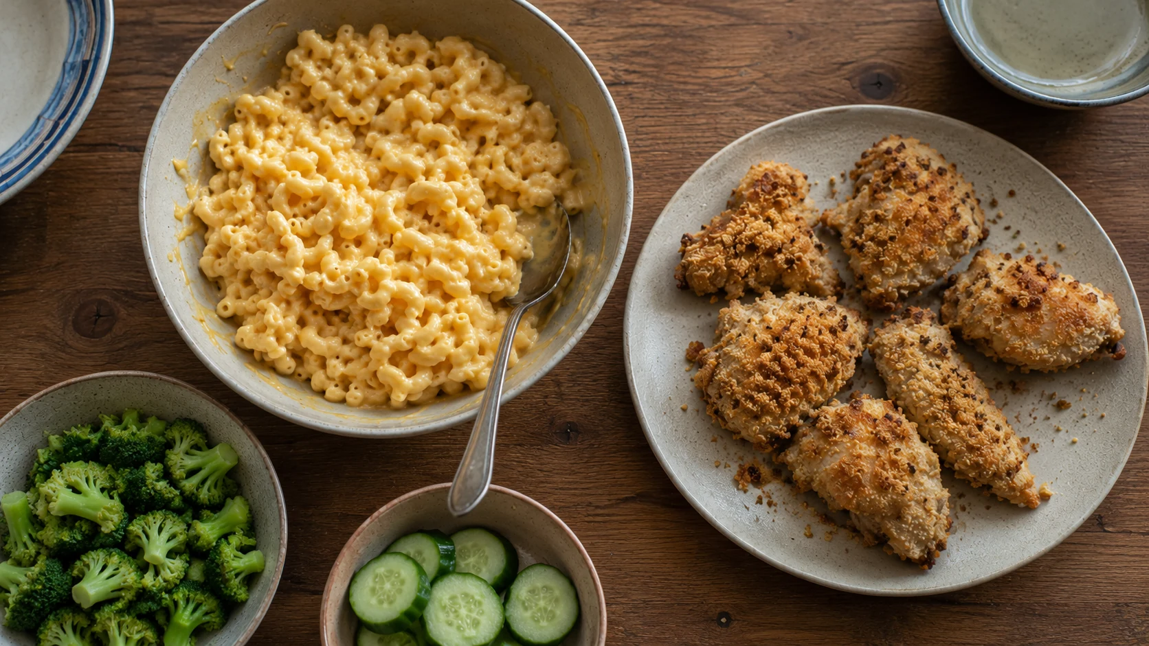 Bowl of creamy macaroni and cheese, crispy baked chicken pieces, broccoli, and sliced cucumber arranged on a wooden dinner table