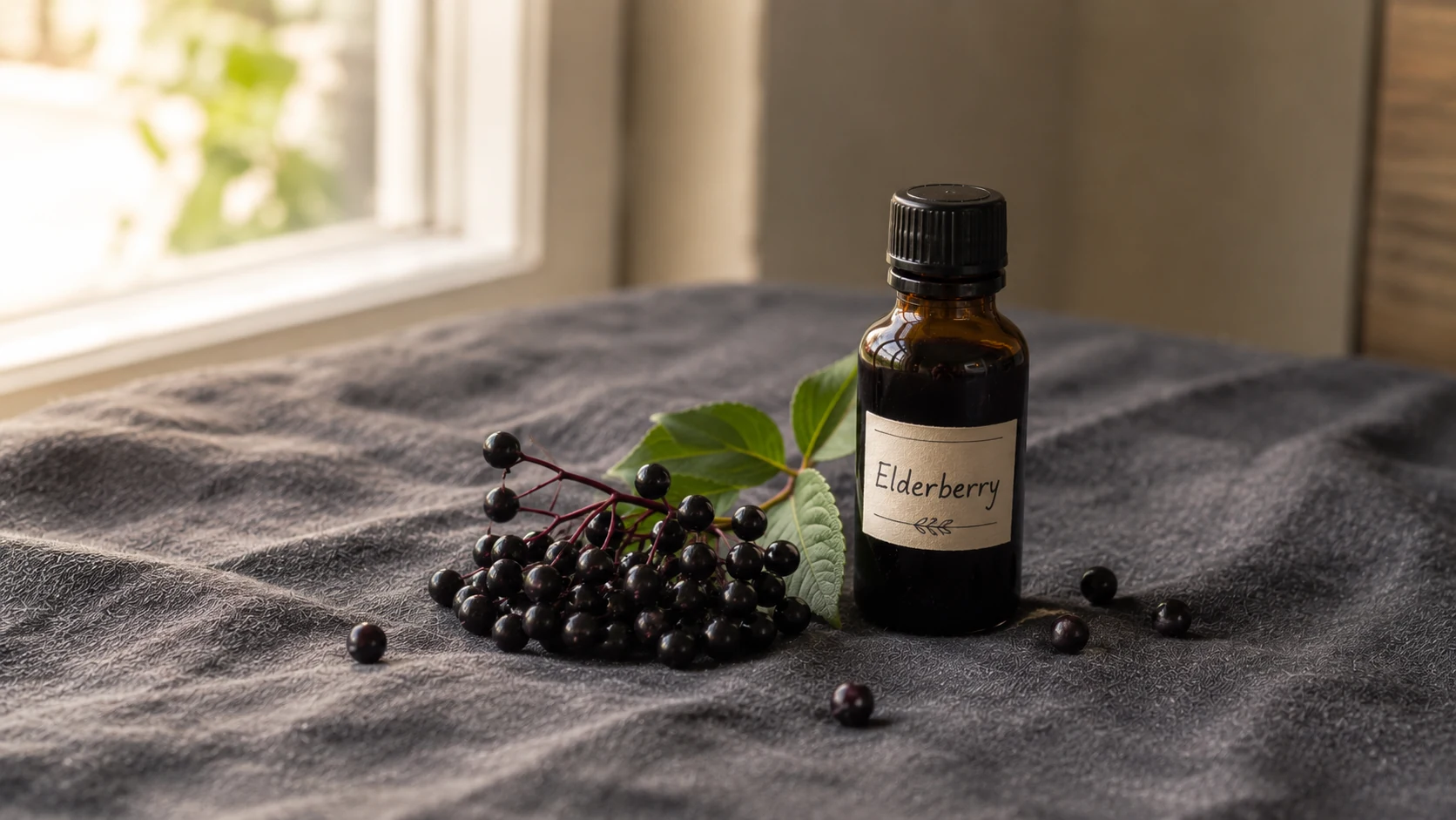 Dark elderberry syrup bottle with a simple Elderberry label beside a cluster of elderberries and green leaves on dark linen