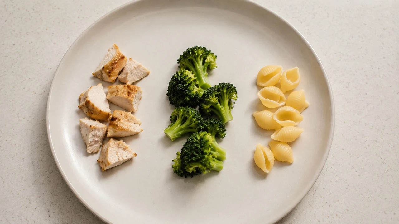 Dinner plate with chicken, broccoli, and pasta shells served separately so the foods do not touch