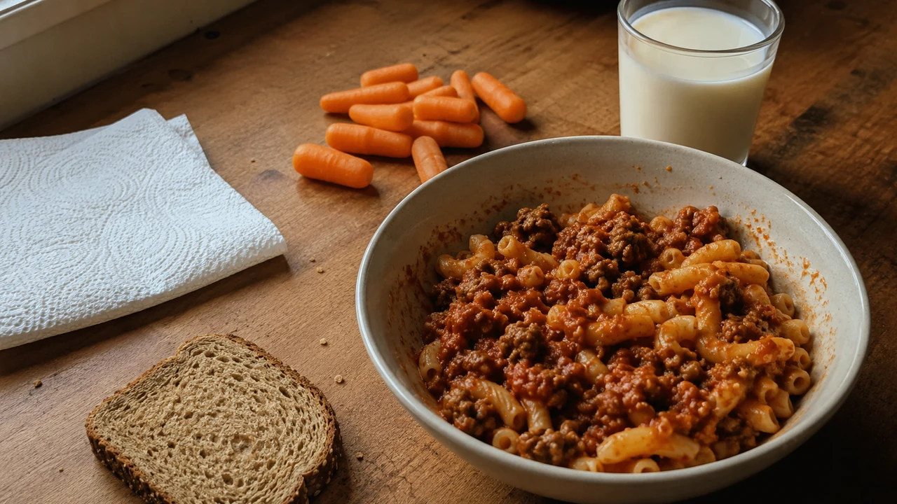 Bowl of pasta with meat sauce, baby carrots, milk, and whole-grain bread on a wooden dinner table