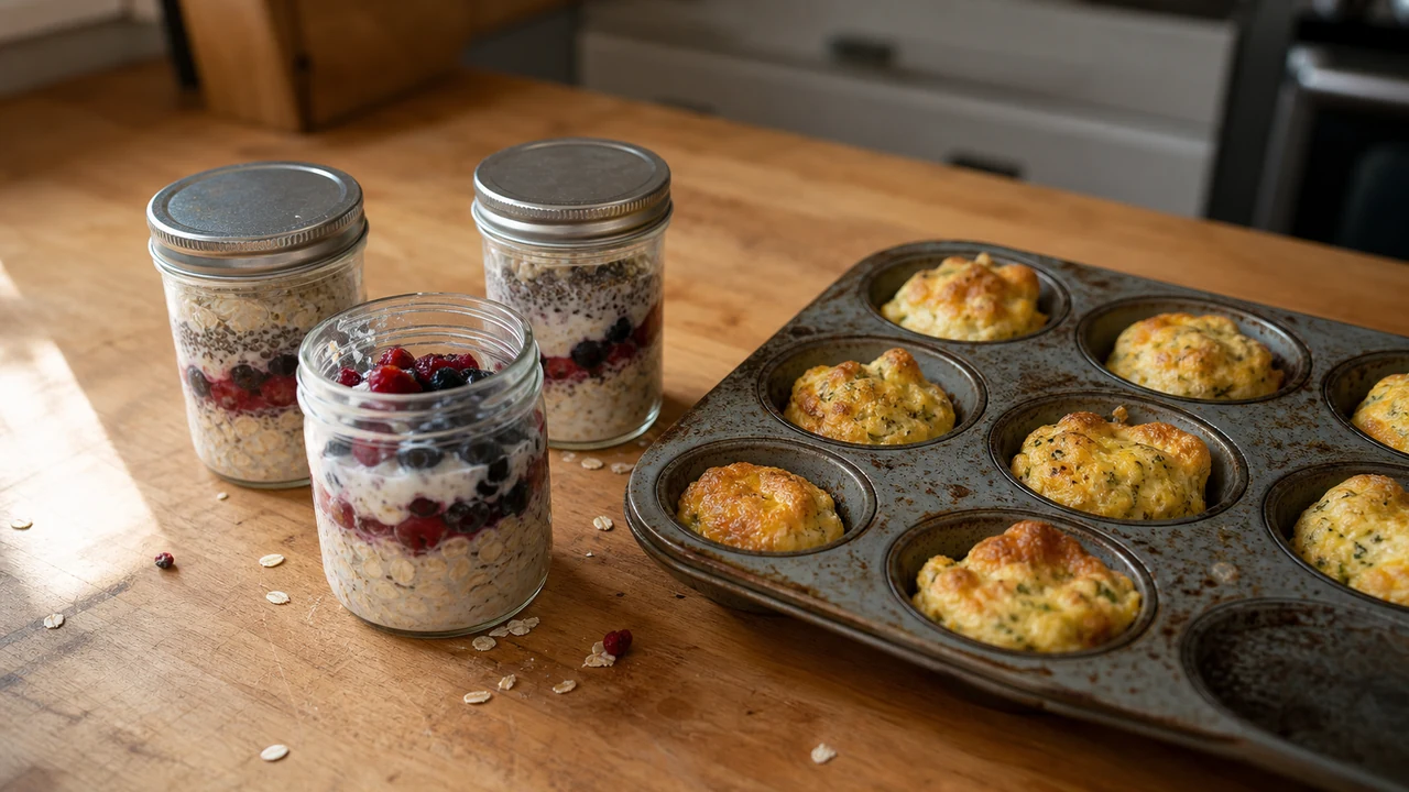 Three jars of overnight oats layered with berries beside a well-used muffin tin of mini egg muffins on a wooden counter.