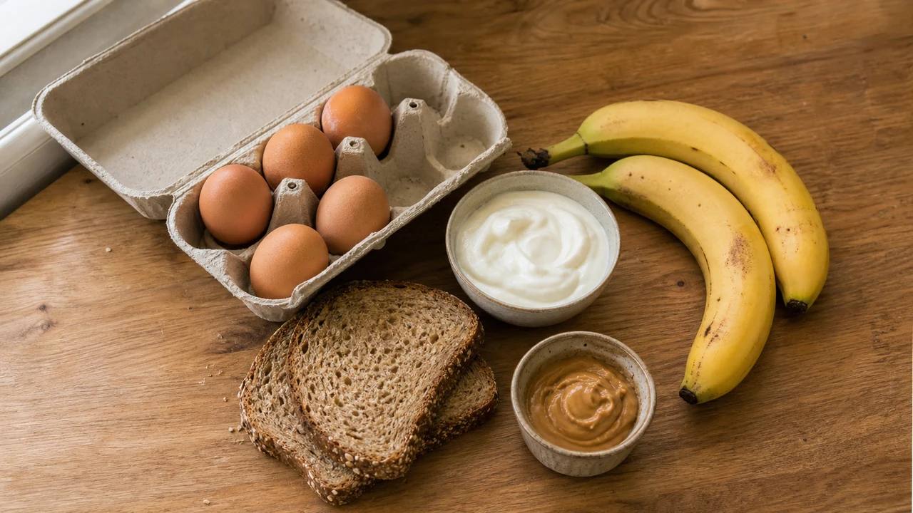 Eggs in a cardboard carton, bananas, whole-grain bread, yogurt, and peanut butter in small bowls on a wooden counter.