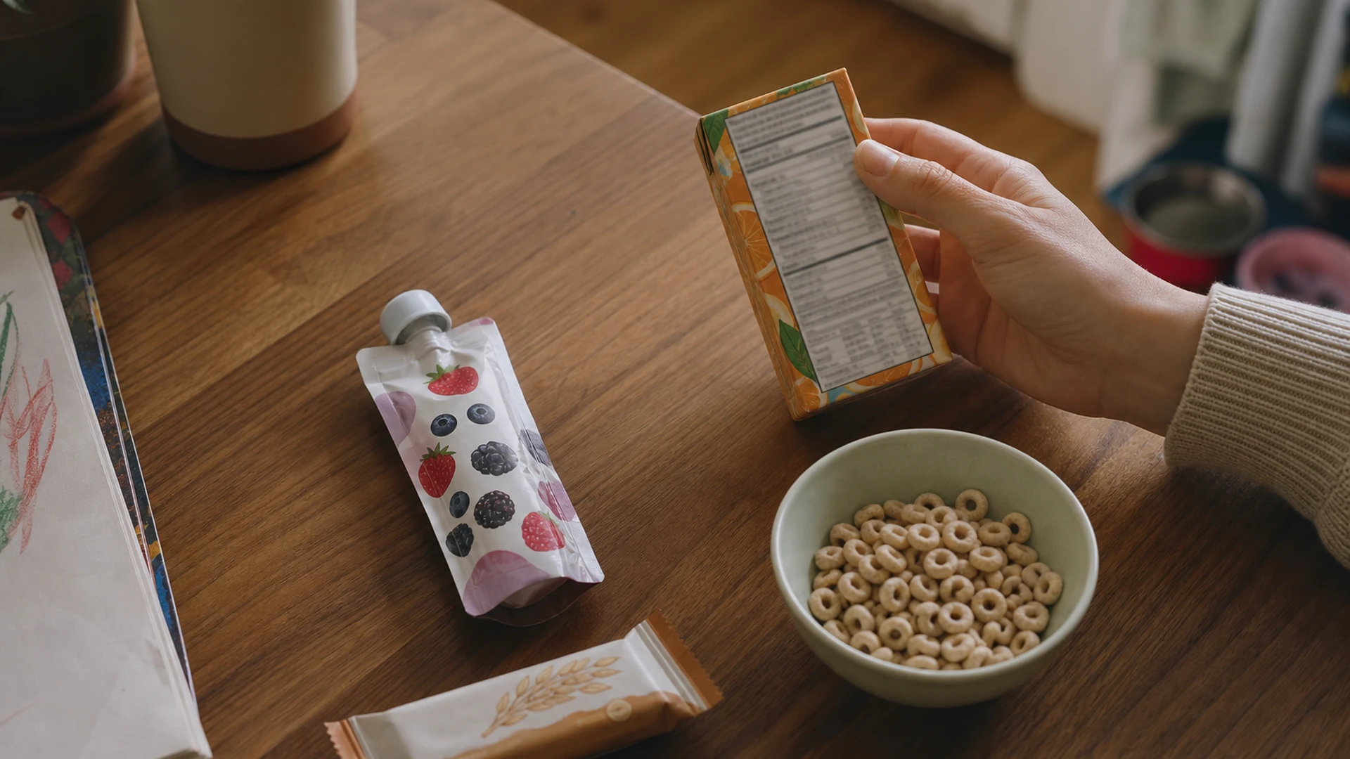 A parent holds a snack package with its nutrition panel facing up beside a yogurt pouch and cereal on a kitchen table