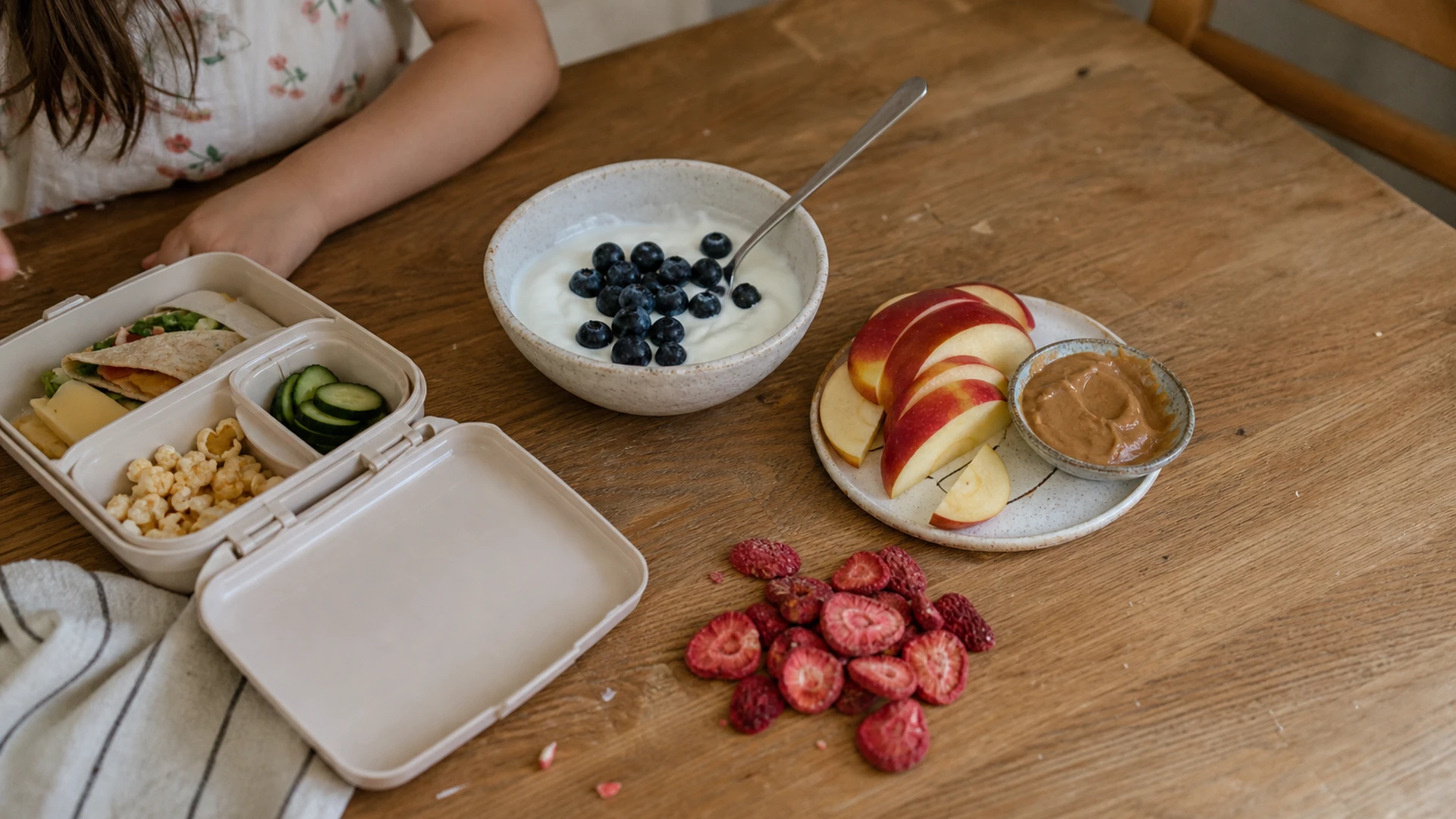 A child's lunch container beside Greek yogurt with blueberries, apple slices with almond butter, and freeze-dried strawberries on a kitchen table