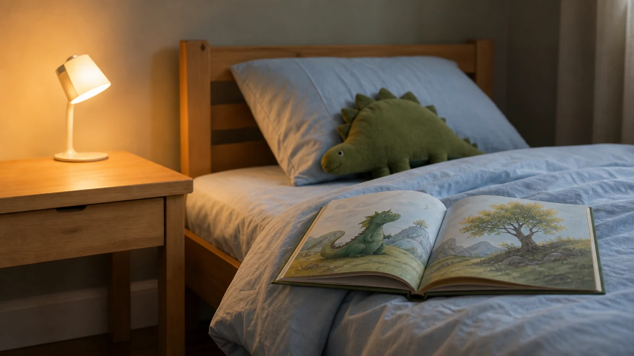 Open illustrated picture book on pale blue bedding beside a green dinosaur plush toy and lit bedside lamp.
