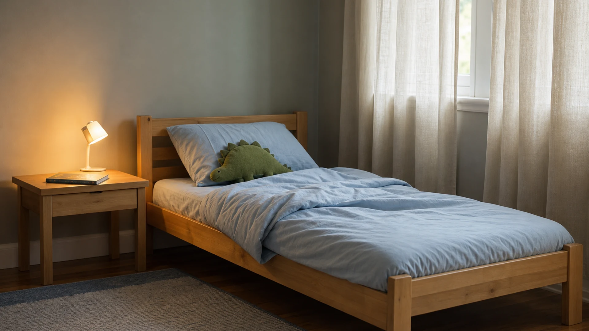 Wooden child's bed with pale blue bedding, a green dinosaur plush toy, and a lit bedside lamp beside linen curtains.