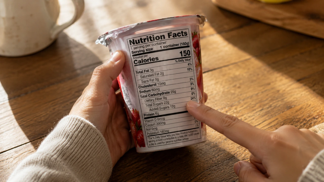 Close-up of a strawberry yogurt nutrition label showing the Total Sugars and Added Sugars lines on a wooden table