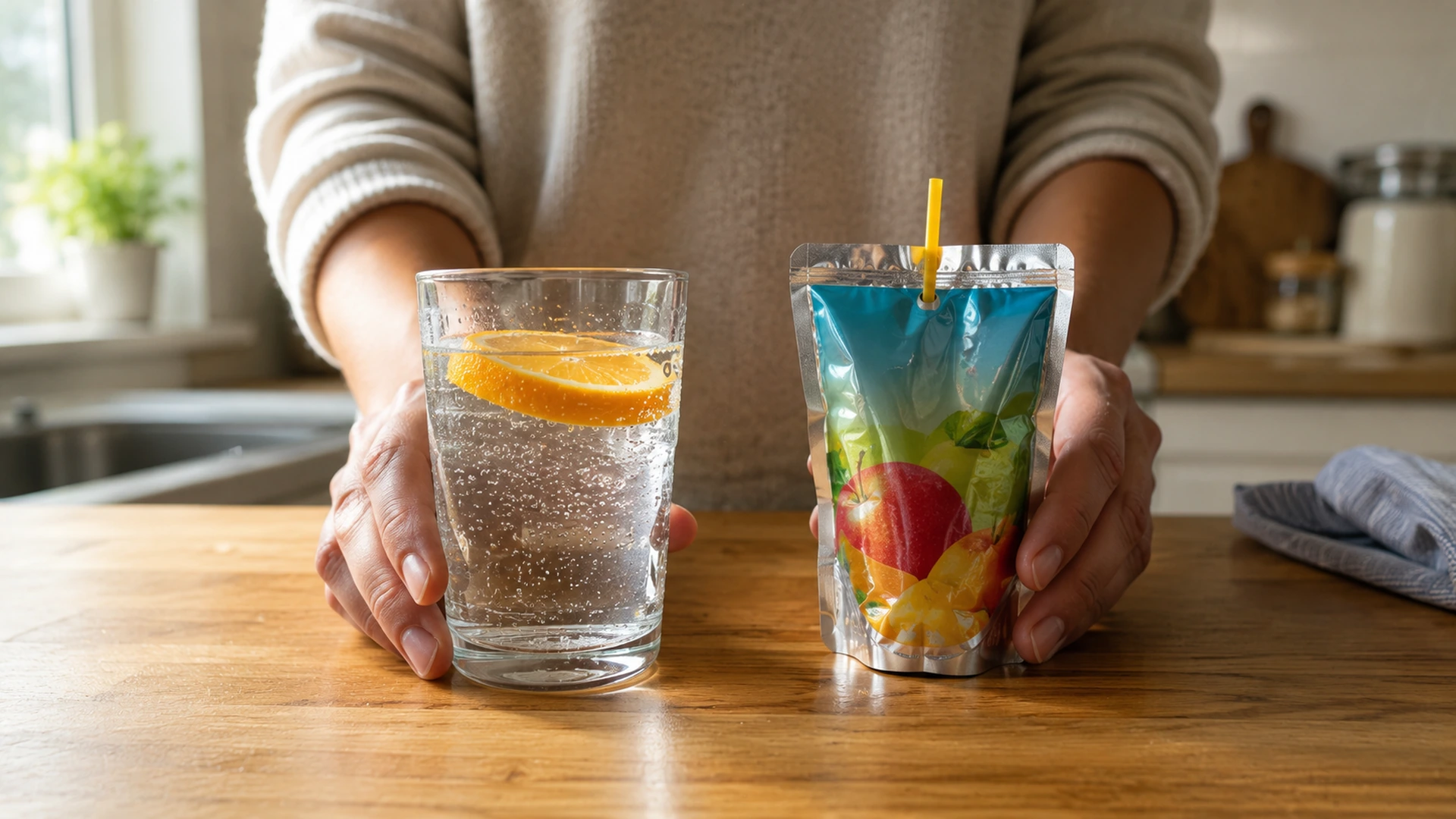 A parent comparing a glass of sparkling water with a colorful fruit drink pouch in a family kitchen