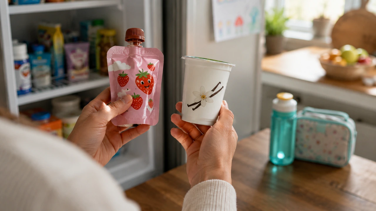 A parent comparing a colorful strawberry yogurt pouch with a plain yogurt container beside an open refrigerator
