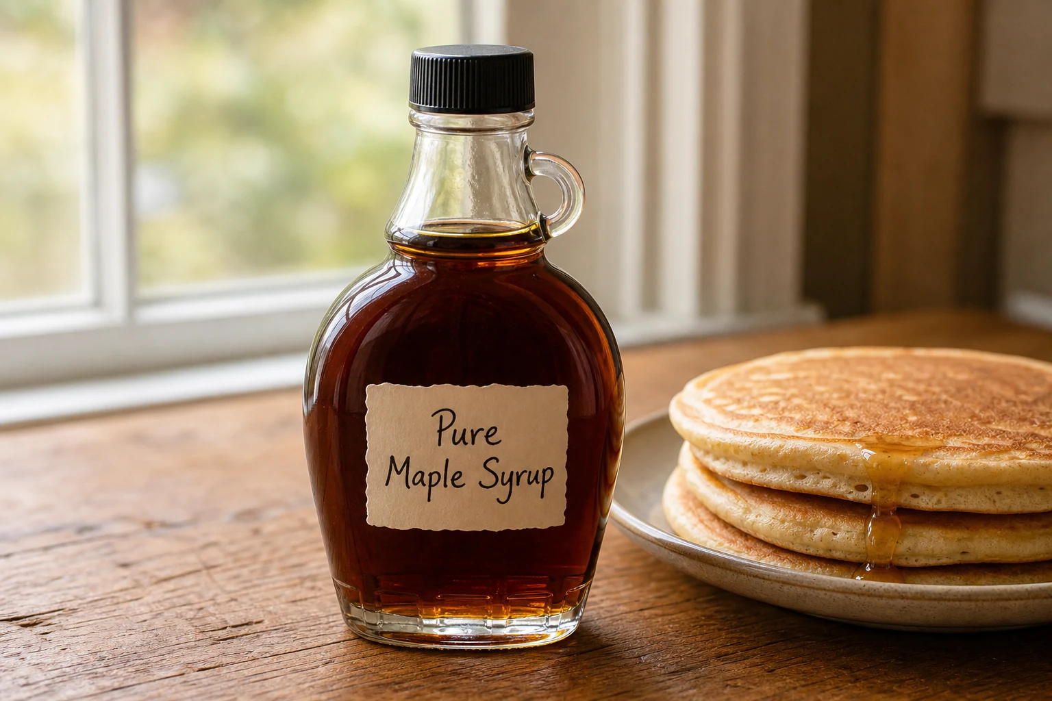 Glass bottle of maple syrup beside a plate of pancakes on a wooden breakfast table