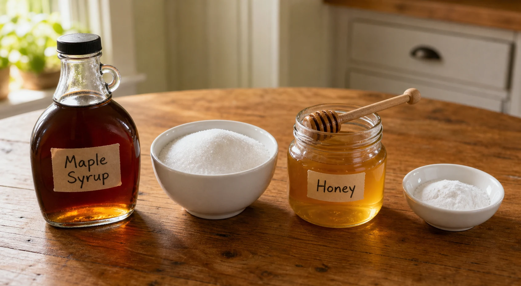 Glass bottle of maple syrup, bowl of white sugar, jar of honey, and small bowl of stevia powder on a wooden kitchen table