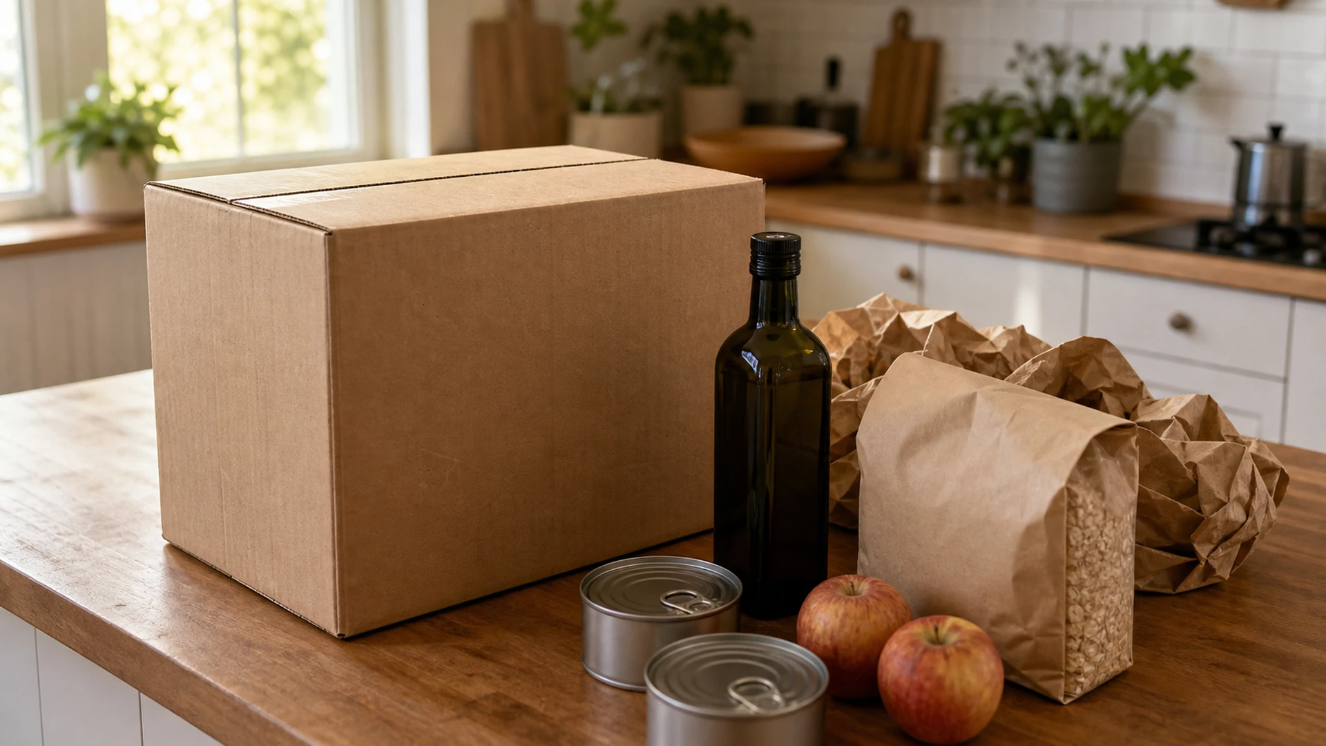 A grocery delivery box beside olive oil, oats, canned goods, and apples on a kitchen counter