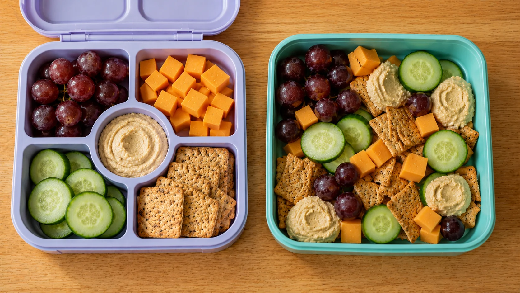 Two lunchboxes side by side: left shows foods cleanly separated in individual compartments, right shows foods touching in a shared open tray