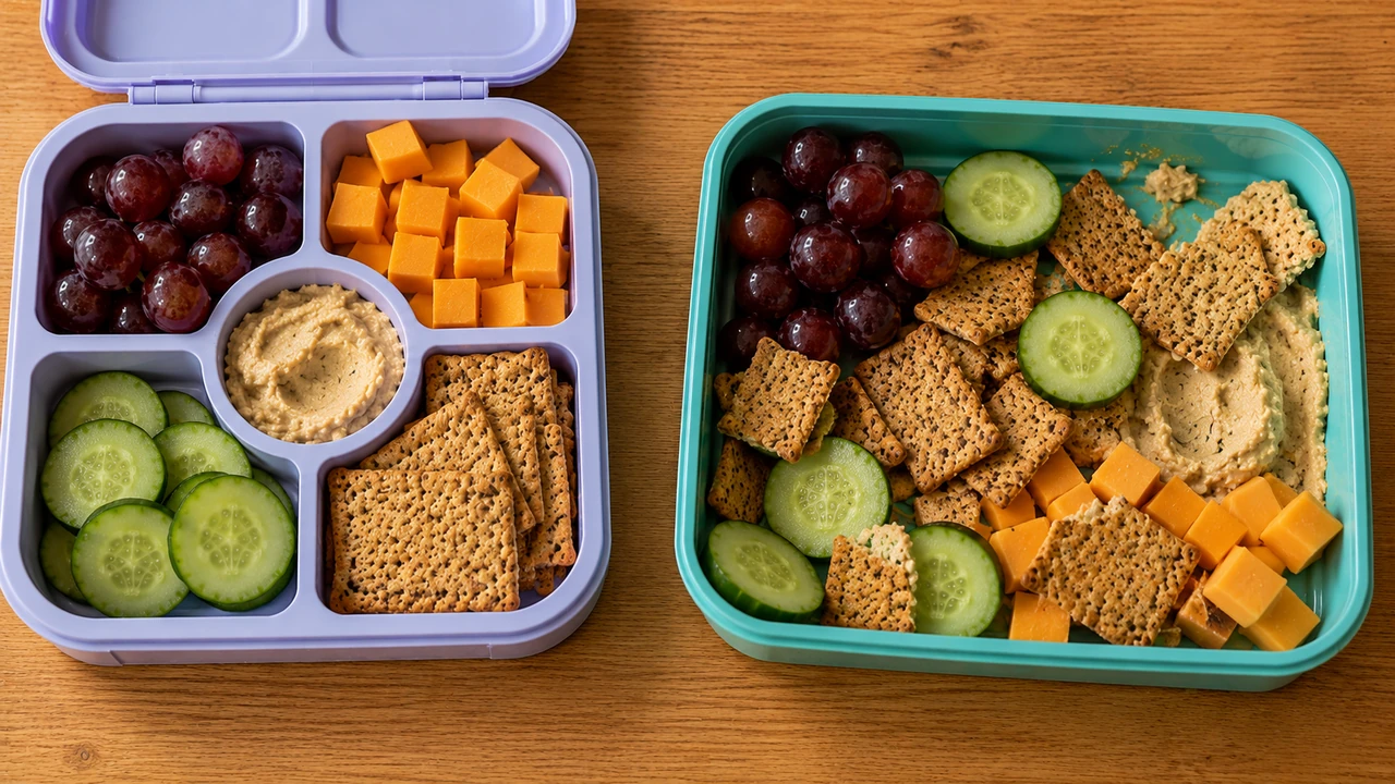 Two lunchboxes side by side: foods separated in compartments on the left and mixed with hummus in an open tray on the right