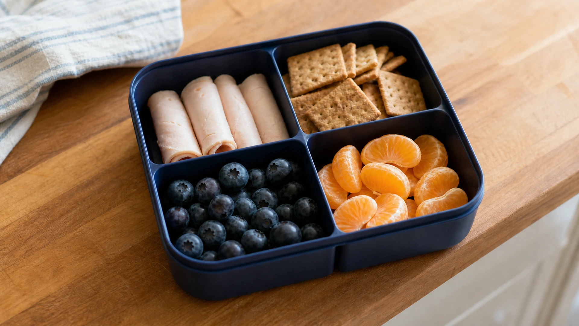 A navy divided lunchbox with turkey roll-ups, crackers, blueberries, and mandarin segments on a wooden kitchen counter