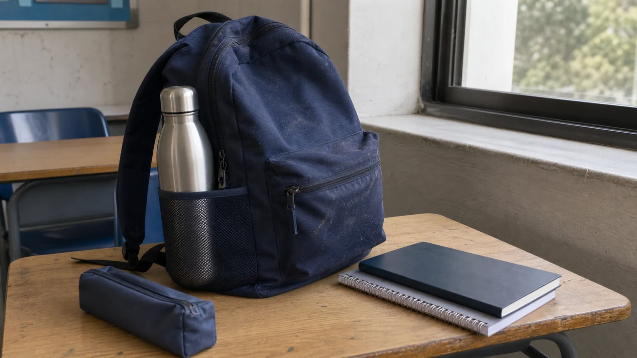 A navy school backpack with a stainless steel water bottle in its side pocket on a classroom desk