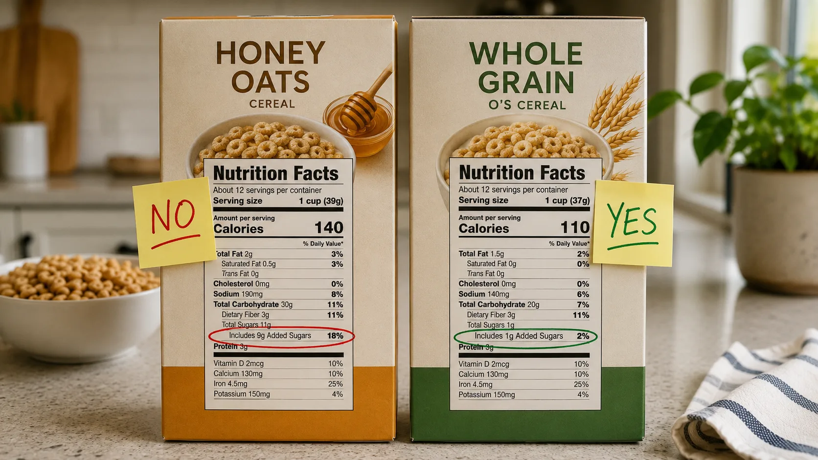 Close-up of two cereal nutrition facts panels side by side on a kitchen counter — one showing 9g added sugar highlighted in red marker, one showing 1g added sugar circled in green, handwritten 'YES' and 'NO' labels above each, natural light, slightly worn countertop texture for a real-household feel