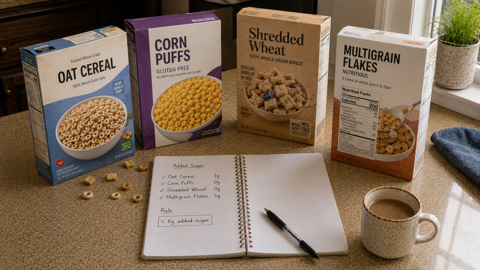 Low sugar breakfast cereal options on a kitchen countertop with cereal boxes, a notebook comparing added sugar, and a coffee mug.