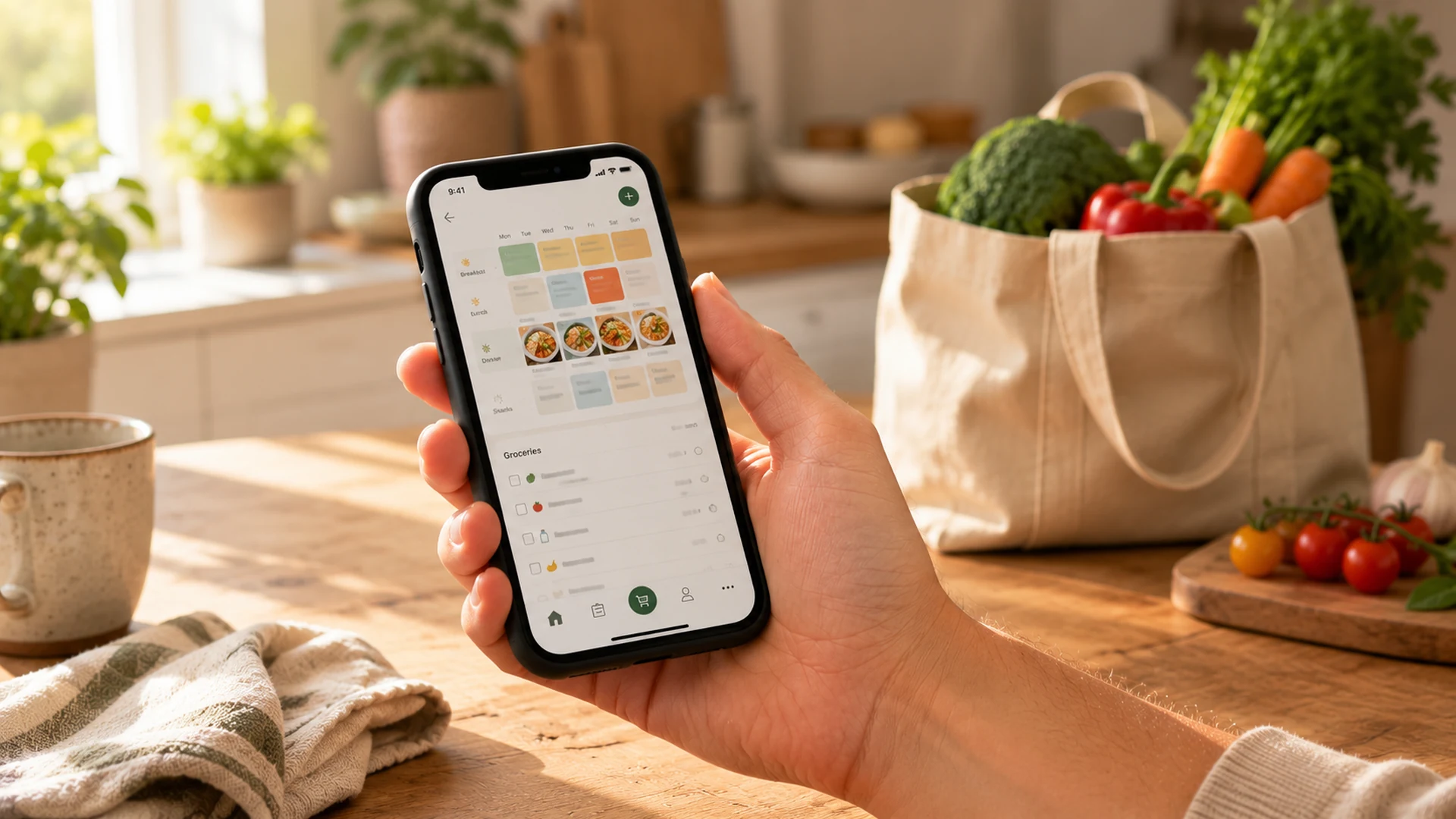Adult hand holding a smartphone with a weekly meal-planning layout visible, beside a reusable grocery bag of vegetables on a warm kitchen counter