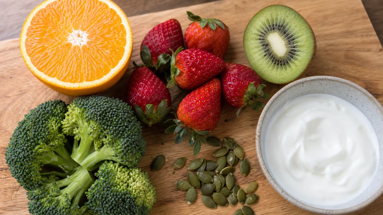 Orange, strawberries, kiwi, broccoli, pumpkin seeds, and yogurt on a wooden board.