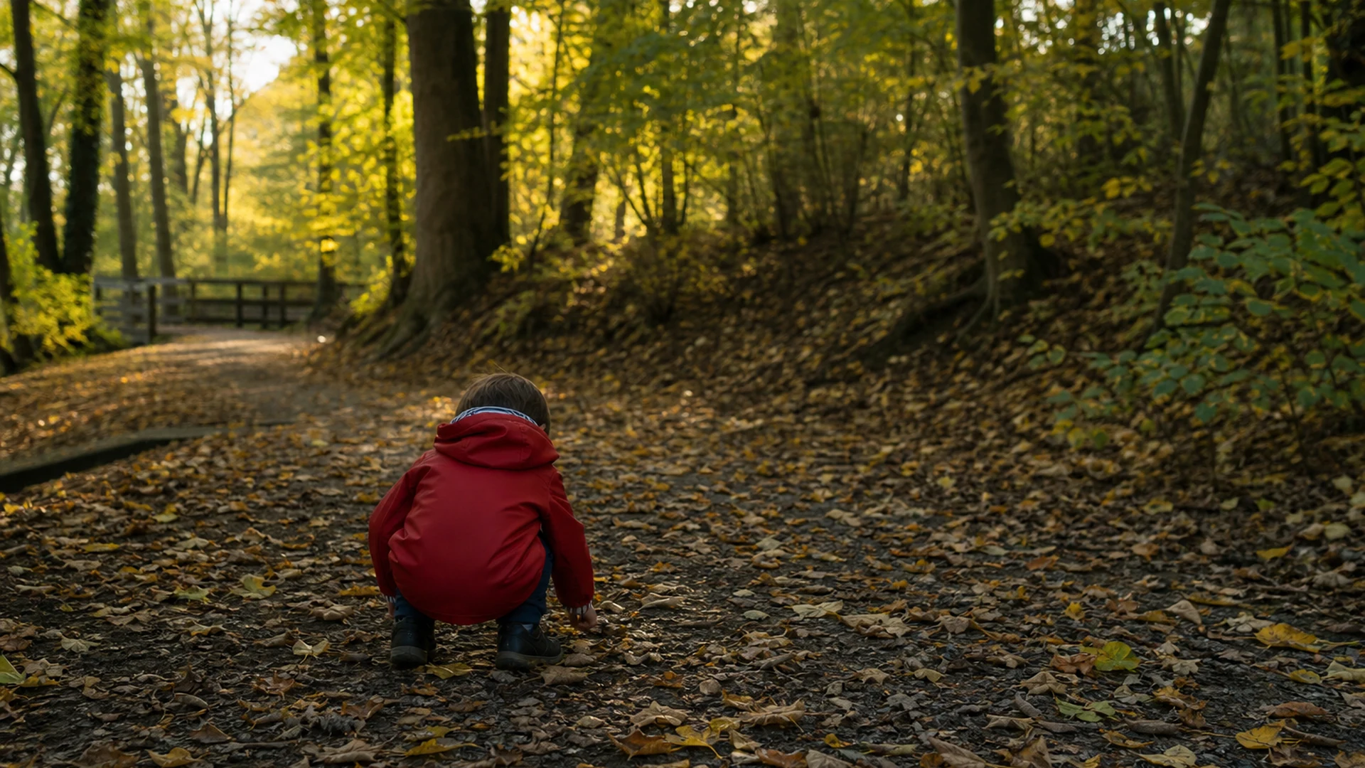 Back view of a child in a red jacket crouching on a leaf-covered woodland path in warm afternoon light.