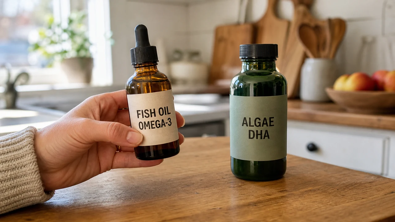 Parent comparing bottles labeled Fish Oil Omega-3 and Algae DHA on a kitchen counter
