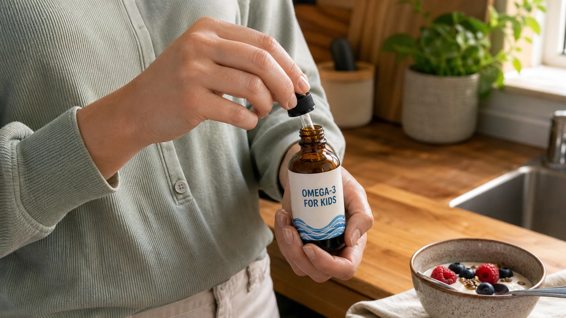 Parent opening a bottle labeled Omega-3 for Kids beside a breakfast bowl in a home kitchen