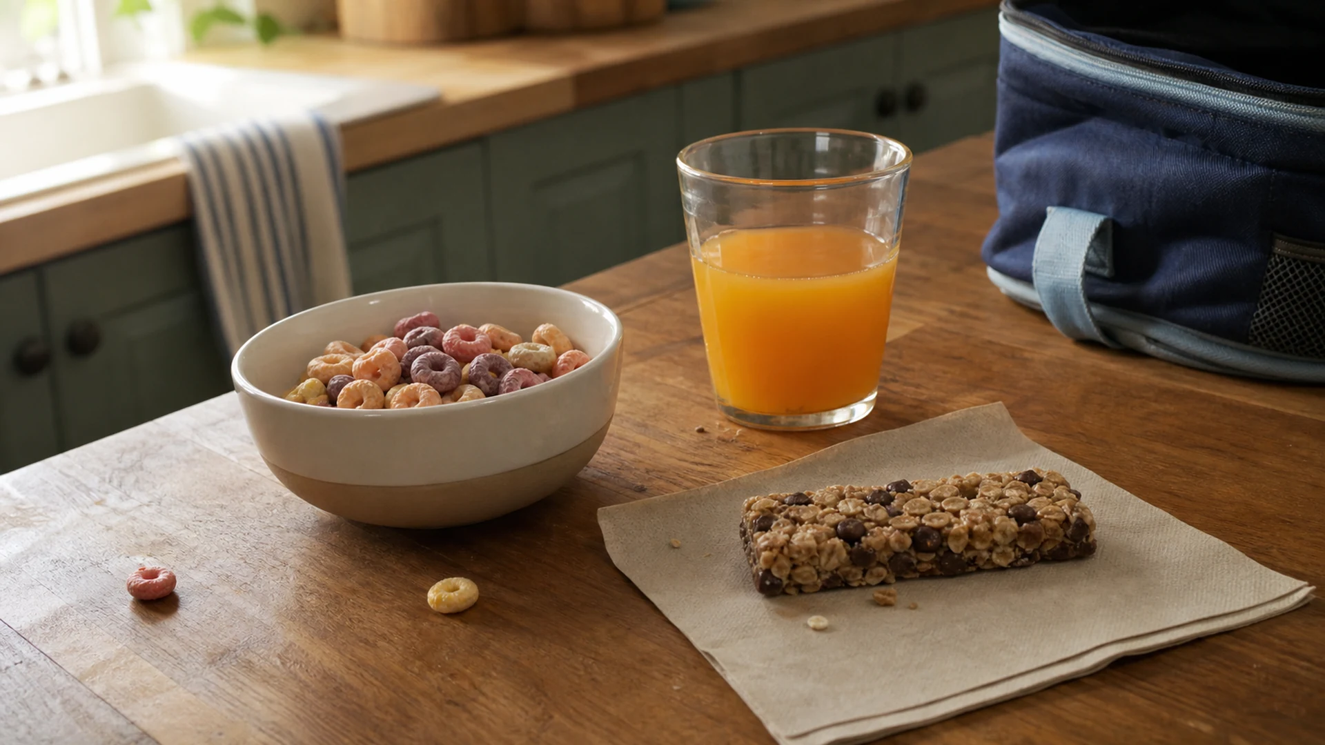 Small bowl of colorful sweetened cereal, glass of orange-colored fruit drink, and an unwrapped oat-and-chocolate snack bar on a wooden kitchen counter beside a lunch bag