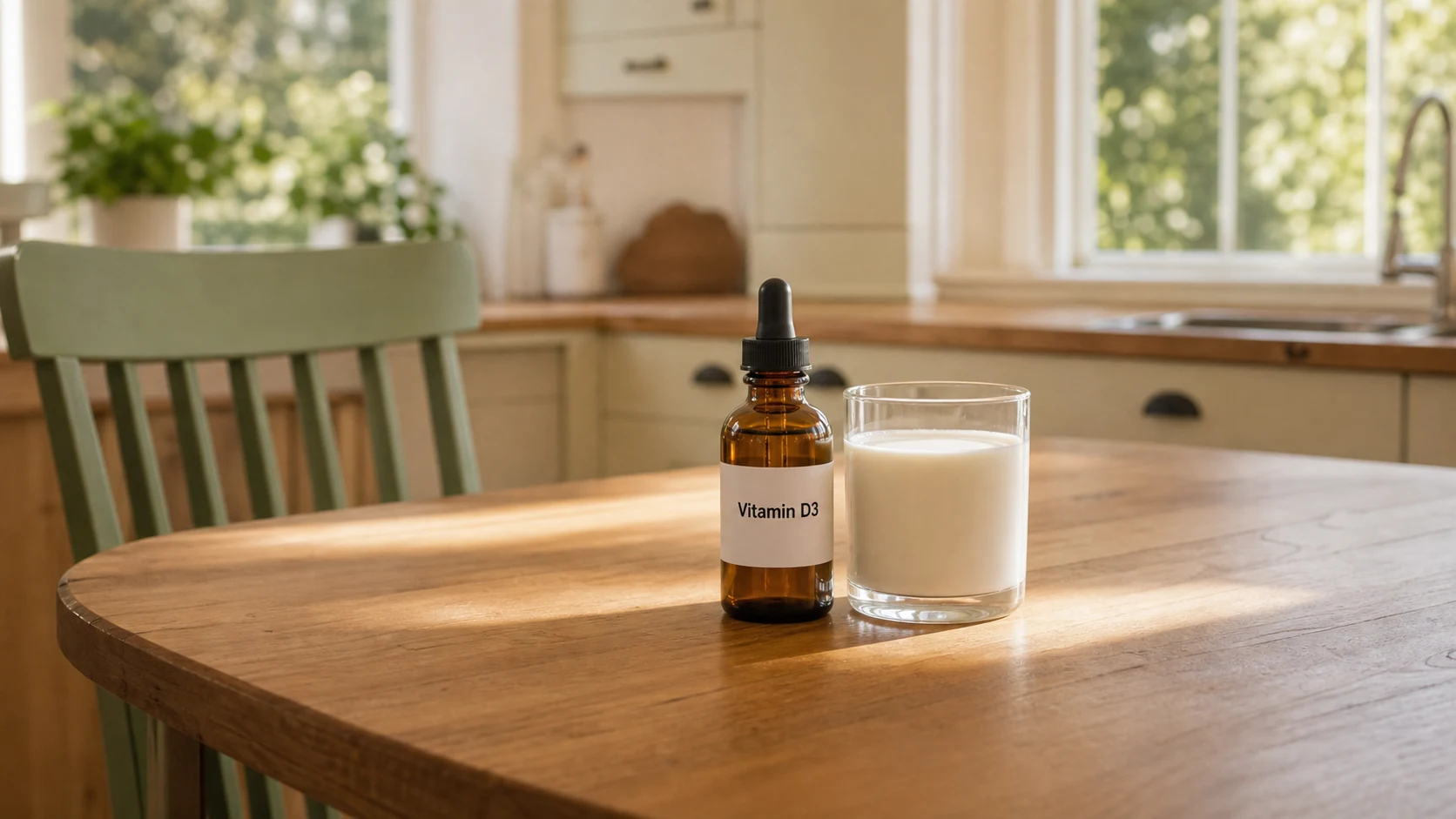 Vitamin D3 dropper bottle and a glass of milk on a wooden kitchen table