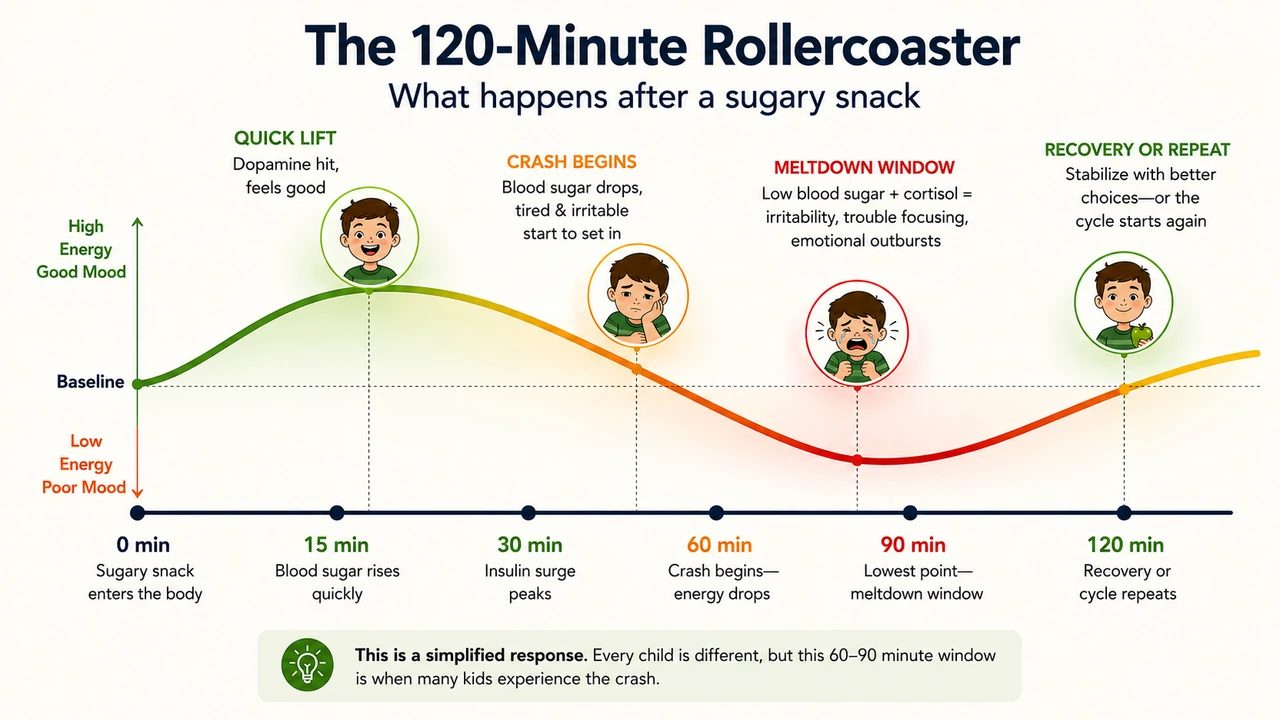 Illustrated 120-minute timeline of energy and mood after a sugary snack, from a quick lift through a crash and recovery