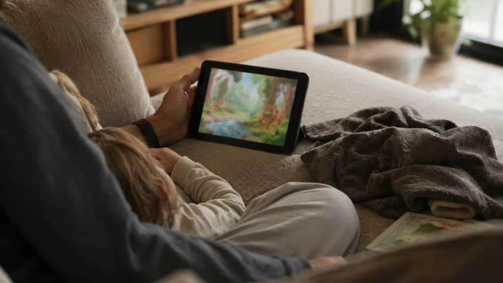 An adult and child on a couch watching a softly blurred nature animation on a tablet