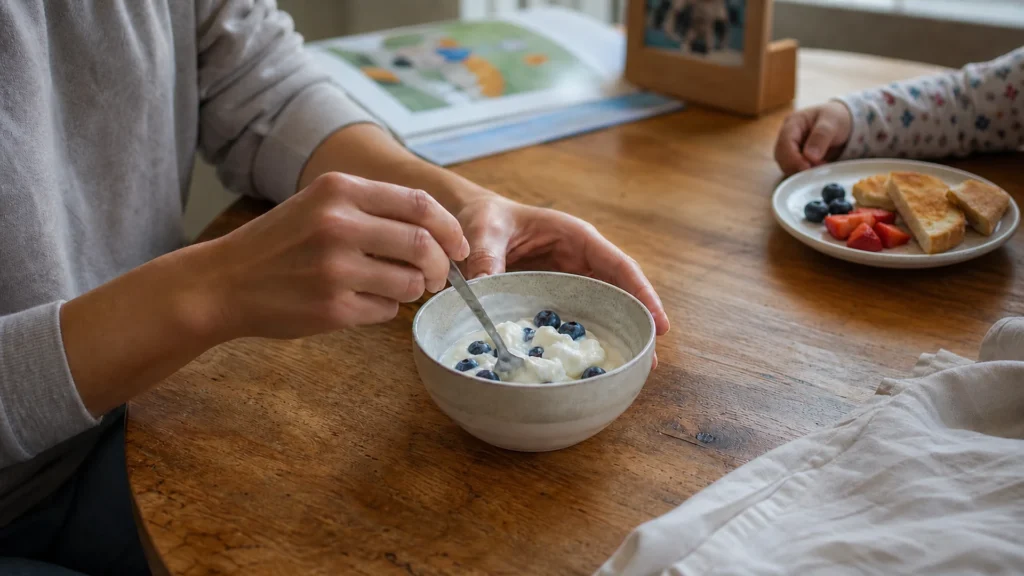 Adult stirring yogurt with blueberries at a breakfast table while a child eats fruit and toast.