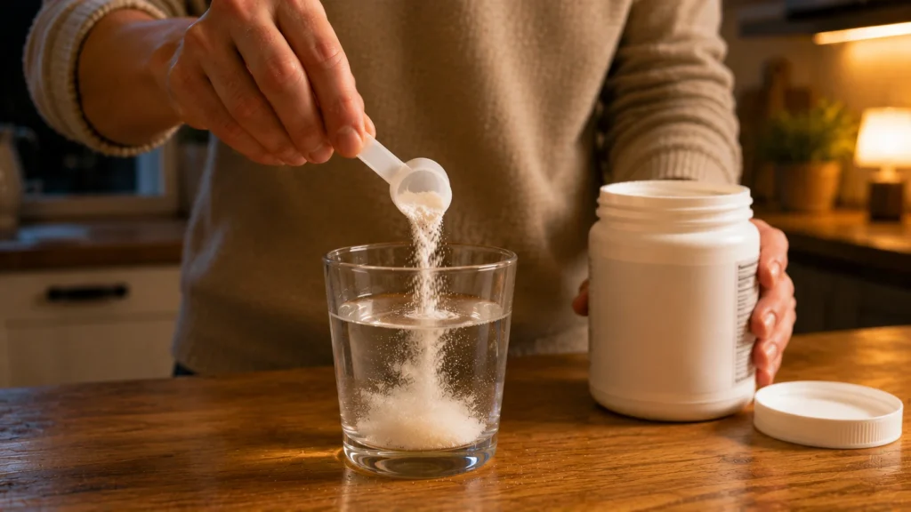 Adult hands pouring magnesium powder from a scoop into a glass of water on a wood kitchen counter, one hand holding the supplement container with its lid resting nearby