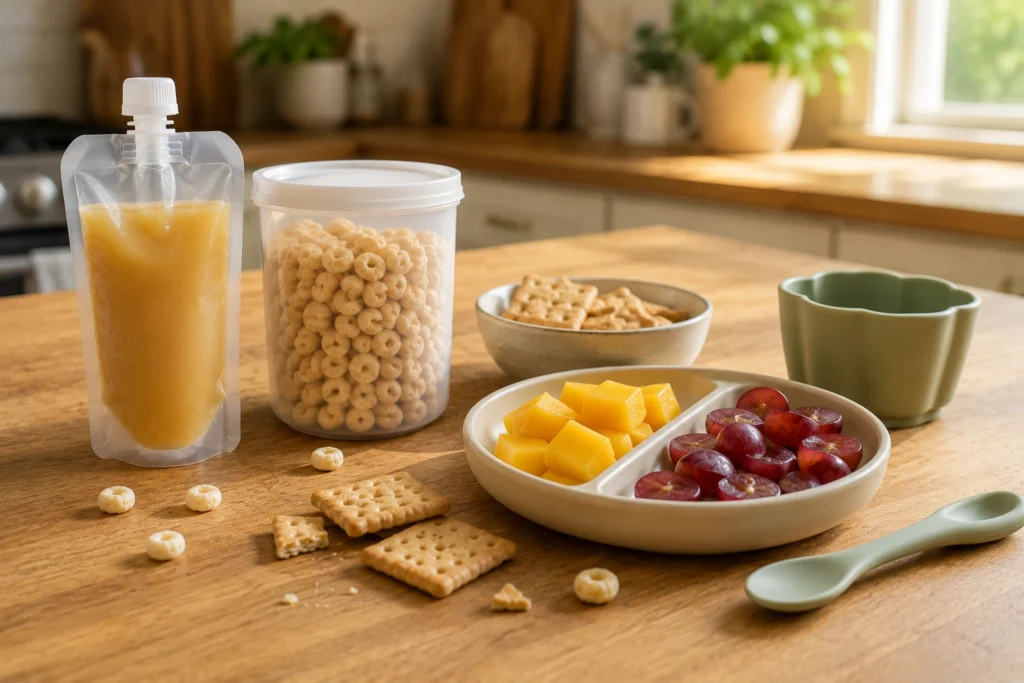 Best organic snacks for toddlers including a fruit puree pouch, organic puffs, whole grain crackers, fresh mango, and grapes on a wooden kitchen counter.