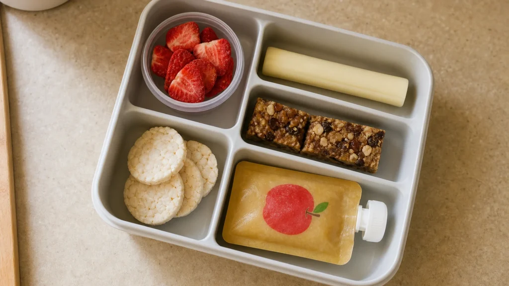 Open bento lunchbox with strawberries, string cheese, snack bars, rice cakes, and an applesauce pouch on a kitchen counter.