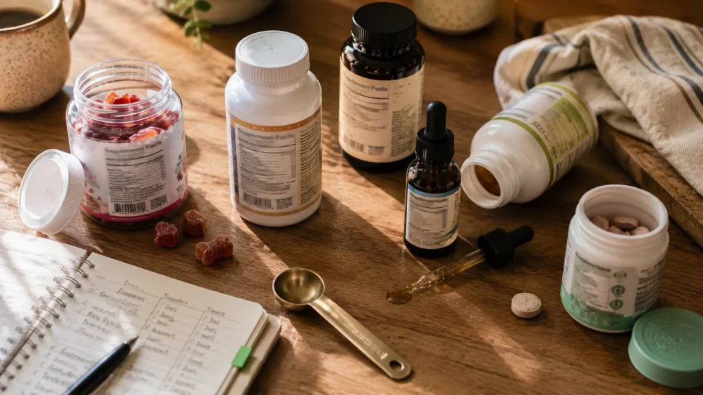 Best vitamins for kids comparison showing generic gummy, chewable, liquid, and tablet multivitamin containers arranged on a warm wooden kitchen counter with labels turned away