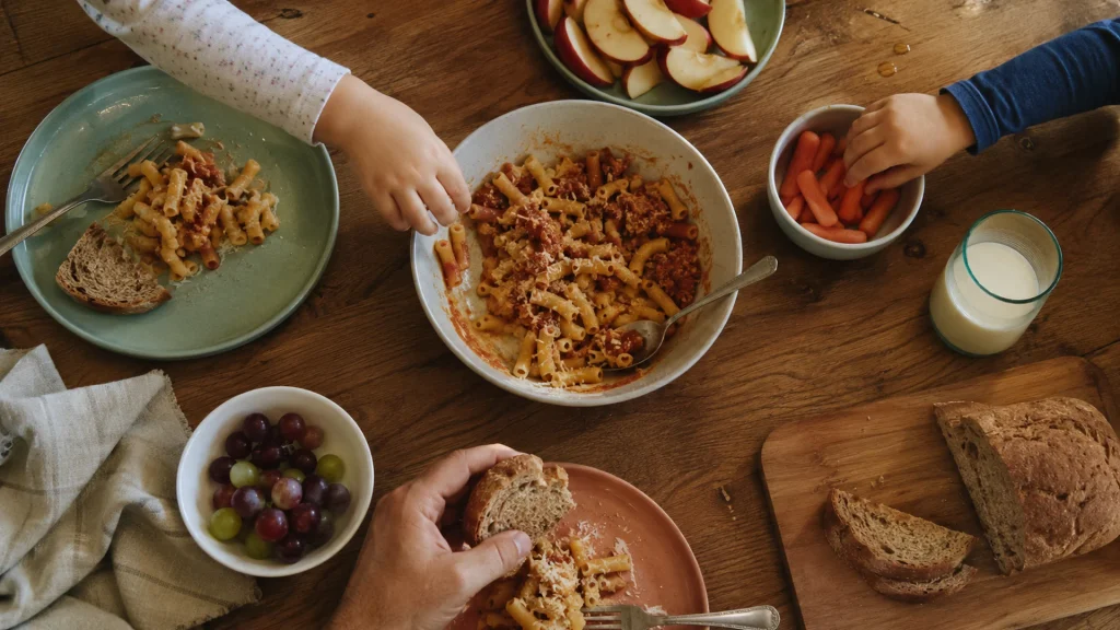 Overhead view of an adult and two children sharing pasta, fruit, carrots, bread, and milk at a wooden dinner table