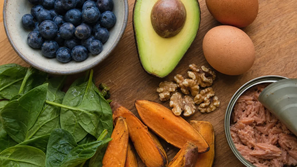 Overhead flat-lay of blueberries, avocado, eggs, walnuts, canned salmon, spinach, and sweet potato wedges on a wooden surface.