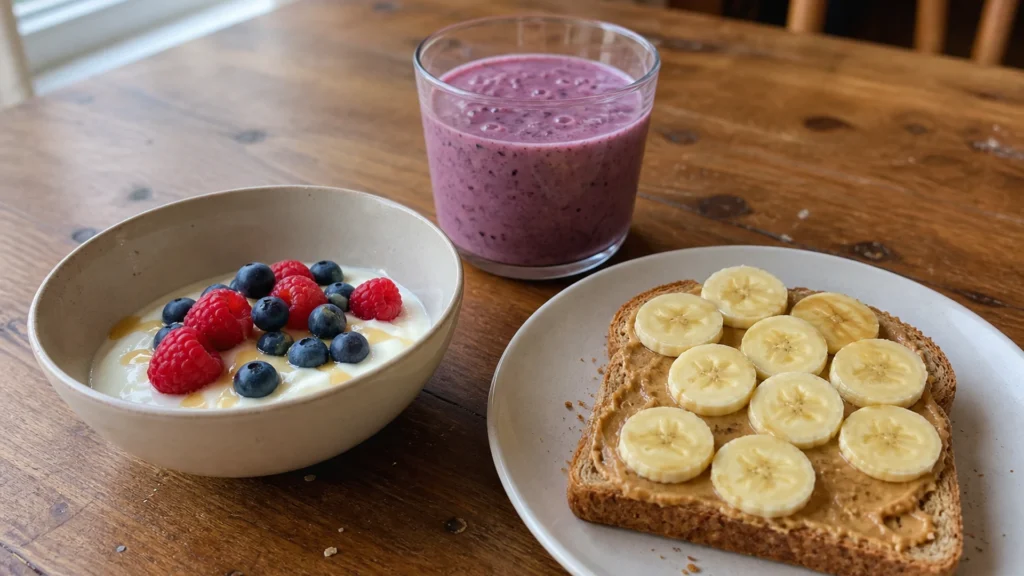 Bowl of yogurt with berries and honey, peanut butter toast with banana slices, and a berry smoothie on a wooden table.