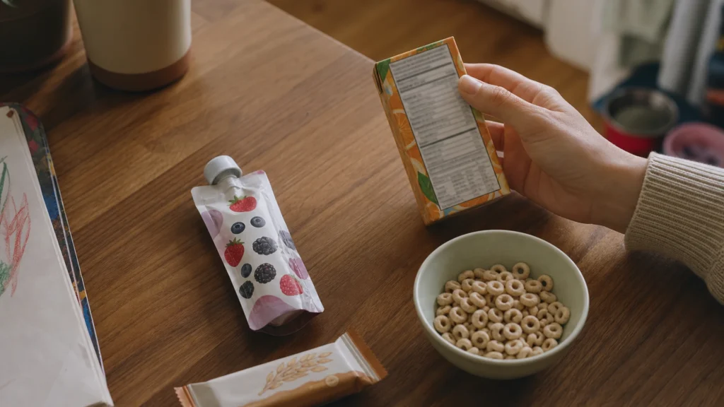 A parent holds a snack package with its nutrition panel facing up beside a yogurt pouch and cereal on a kitchen table