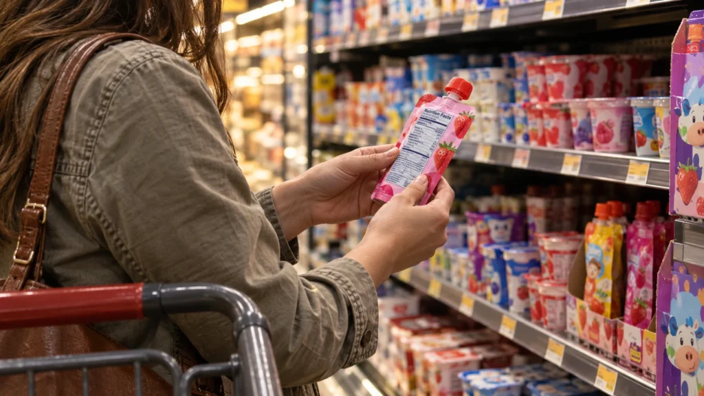 A mother seen from behind holding a strawberry yogurt pouch and reading its nutrition label in a grocery store aisle