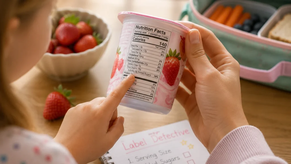 A child and parent learn how to read nutrition labels for kids using a strawberry yogurt cup beside an open lunchbox
