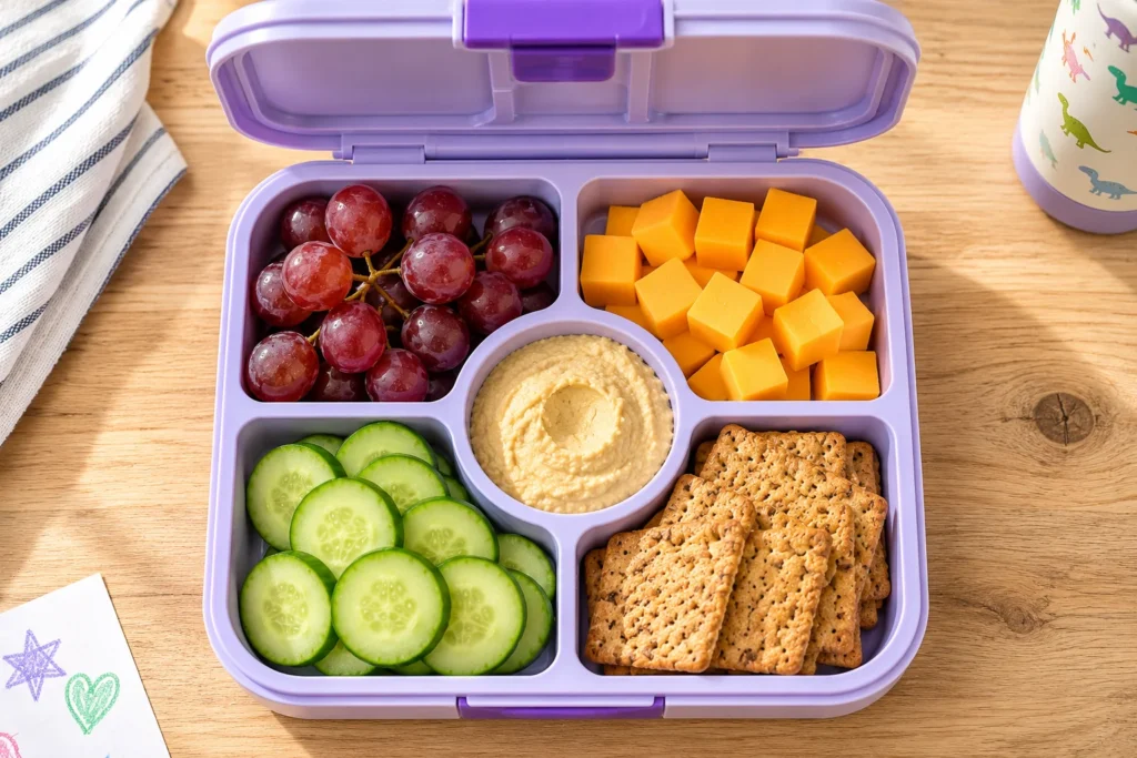A navy divided lunchbox with turkey roll-ups, crackers, blueberries, and mandarin segments on a wooden kitchen counter