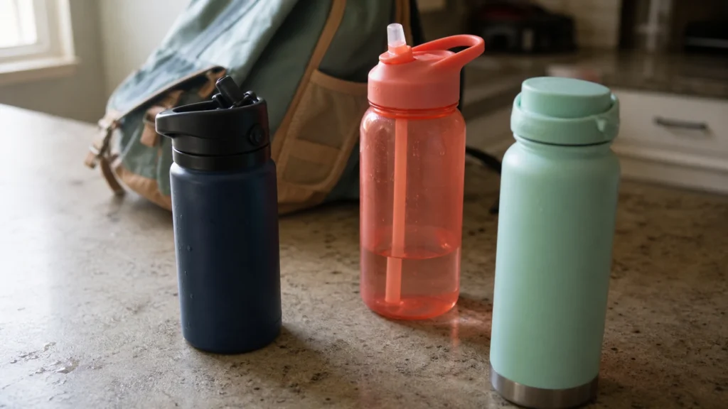 navy straw bottle, coral plastic bottle, and mint insulated water bottle on a kitchen counter beside a back pack